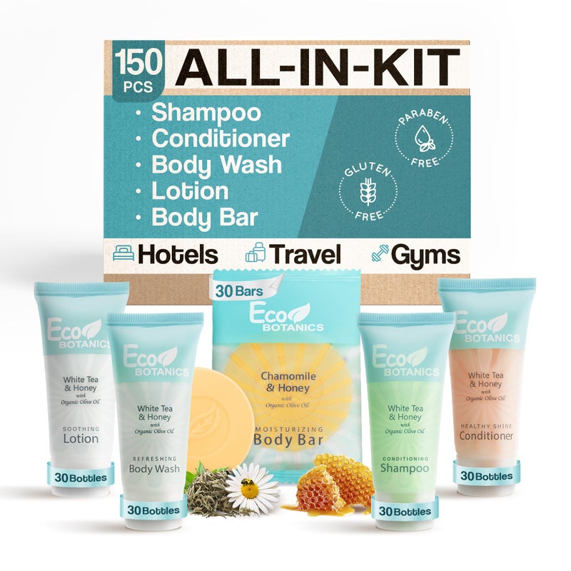 Terra Pure Eco Botanics Hotel Soaps  Toiletries Bulk Set  1Shoppe Amenities Kit  085oz Shampoo  Conditioner Body Wash Lotion 089oz Bar Soap  Travel Size  150 Pieces