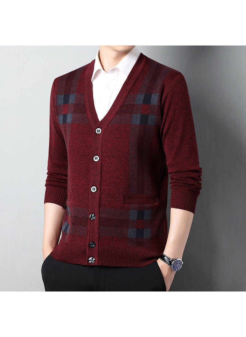 Generic - Autumn Winter Knitted Wool Coat Men Sheep Shirt Long Sleeve Open Shirt Middle-aged Thick Warm Business Coat Dad Clothes Red - Image 1