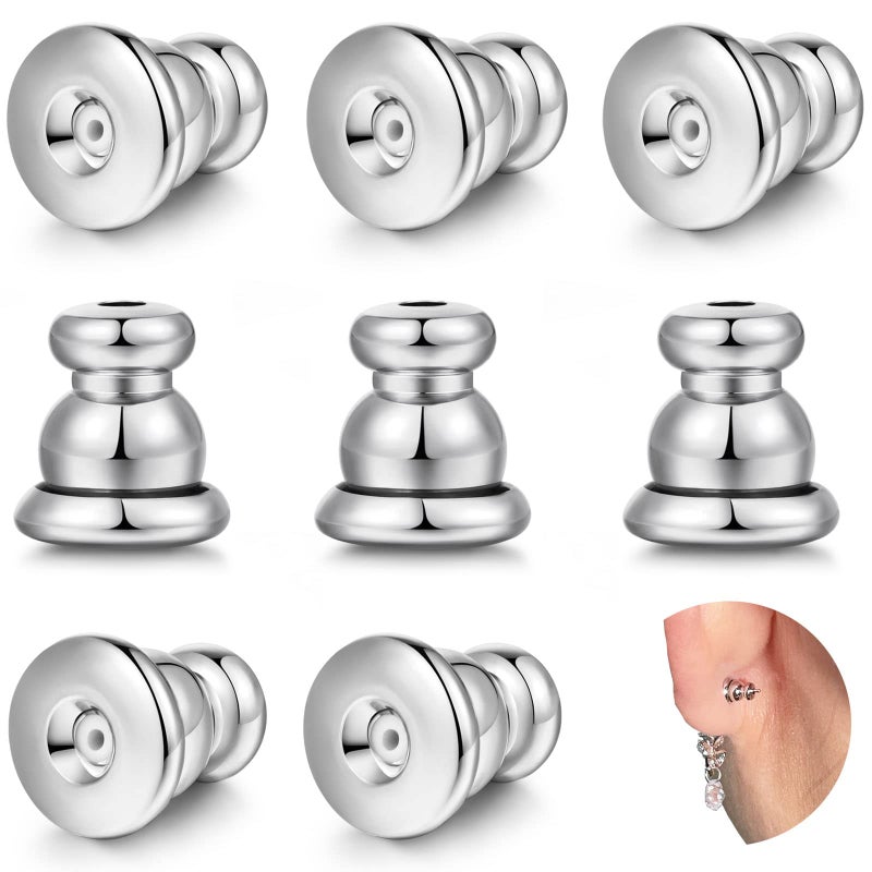 Moconar Earring Backs for Studs 18K Gold Bullet Earring Backs Replacements for StudsDroopy Ears Secure Locking Backings for Sensitive Ears HypoallergenicComfortable Silver 8 PCS