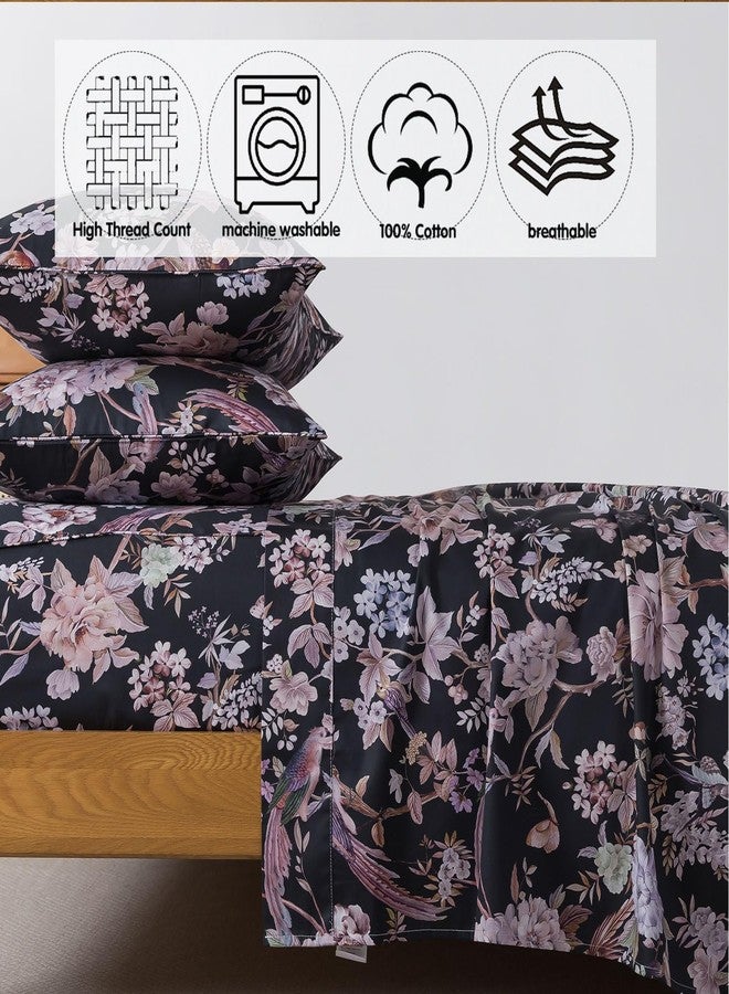 FADFAY King Sheet Set,4-Piece Long-Staple Cotton, Vintage Black Floral & Bird Print Bedding, Deep Pocket Fitted Sheet, Soft & Breathable for All Seasons - Image 3