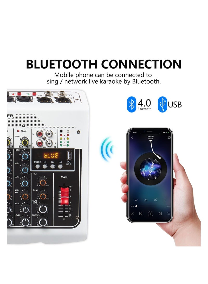 Audio Mixer, 6 Channel DJ Mixer Sound Board Console, 3-Band Equalization Adjustment, with USB MP3 Bluetooth Input 48V, Fit for Live Performance Home Stage, Karaoke, Live Streaming Online
