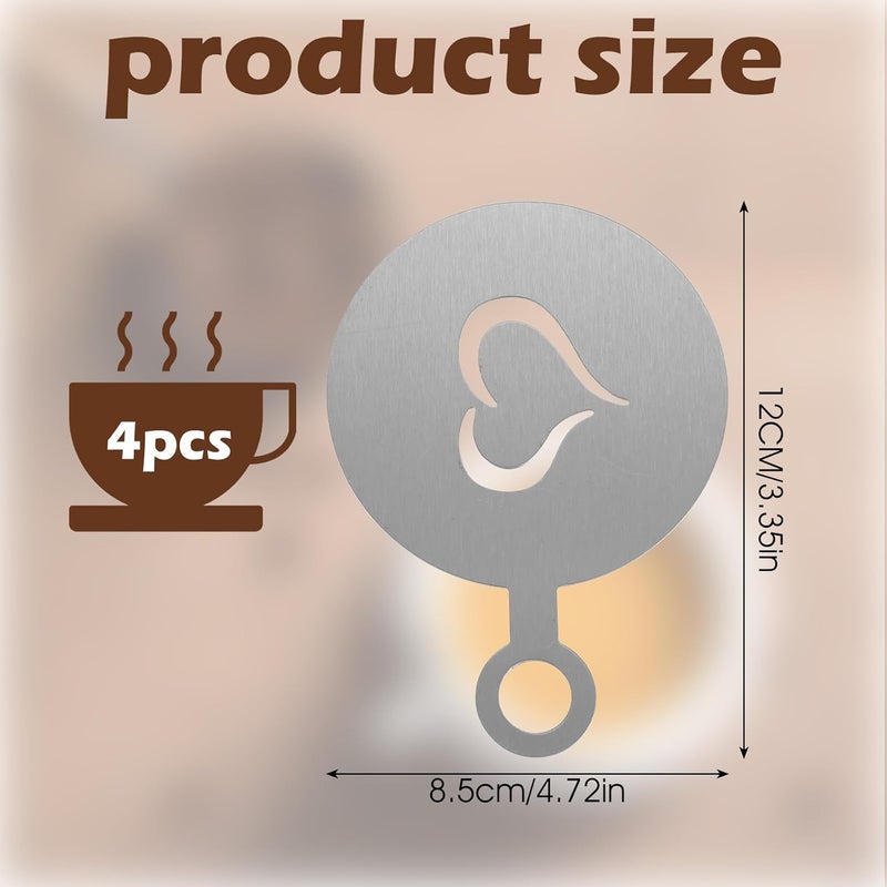 guduling 4 Pcs Coffee Stencils Latte Art,Coffee Stencils,Latte Art Stencil with Various Patterns for Cappuccino Lattes Cake Decorating Coffees Shop and Home Use(Silver) - Image 2
