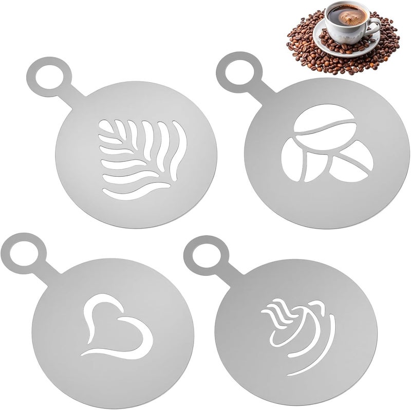 guduling 4 Pcs Coffee Stencils Latte Art,Coffee Stencils,Latte Art Stencil with Various Patterns for Cappuccino Lattes Cake Decorating Coffees Shop and Home Use(Silver) - Image 1