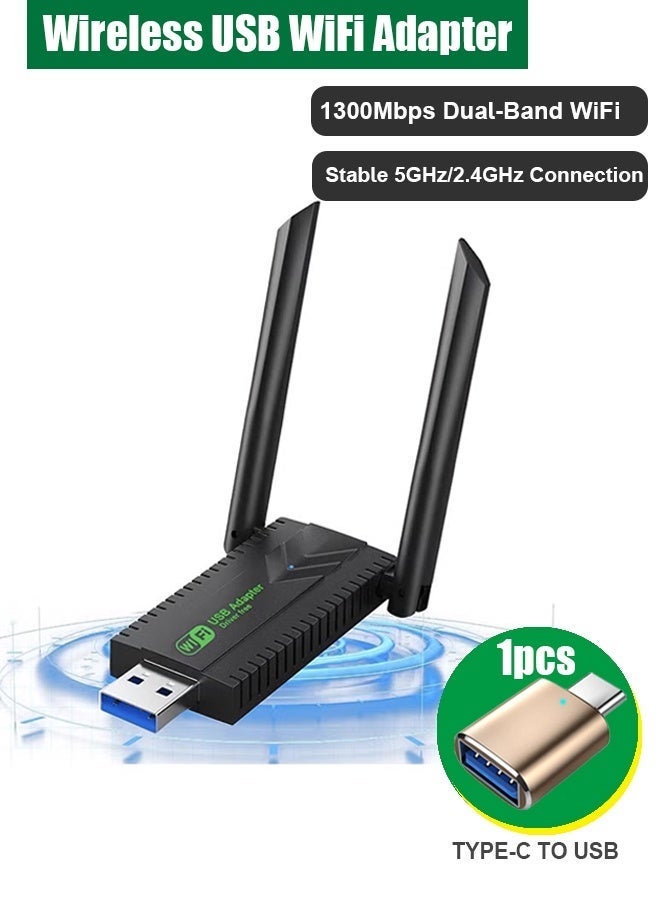 في كي إل محول واي فاي USB، جهاز استقبال شبكة لاسلكية خارجي ثنائي النطاق 2.4/5 جيجاهرتز بسرعة 1300 ميجابت في الثانية، دونجل واي فاي صغير، مناسب لأجهزة الكمبيوتر الشخصية/المحمولة/المكتبية. - Image 1