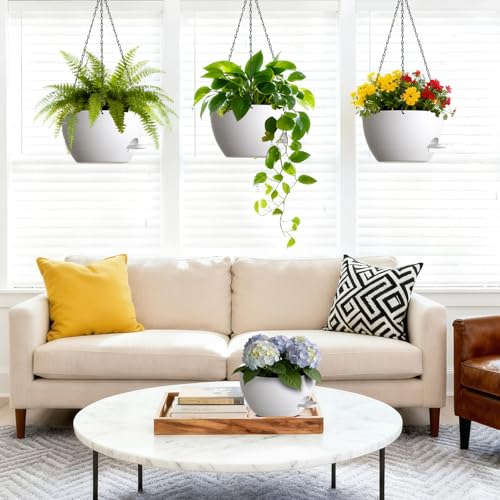 UOUZ Set of 310 Inch Self Watering Hanging Planters for Indoor OutdoorHanging Plant Pots with Drainage Removable Tray Hanging Pots for Pothos Plant Spider Plants Ferns Balcony Patio White - Image 3