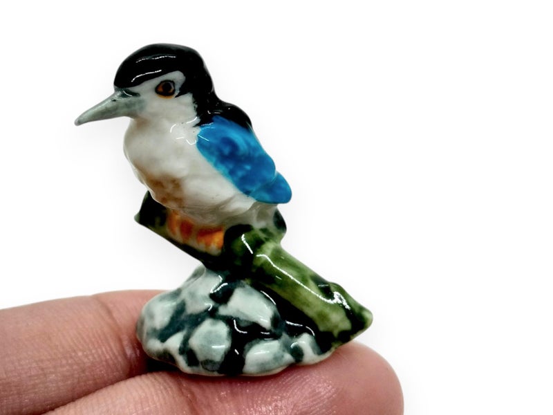 WitnyStore Tiny 1 Long Kingfisher Bird On Bamboo Branch Figurine  Miniature Hand Made Painted Ceramic Birds Aves Colorful Porcelain Feathered Animals Cute Decorative Collectible Figures Dcor Gifts