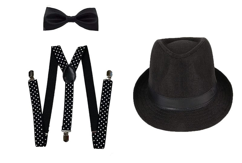 طقم حمالات ملابس بولكا مع ربطة عنق سوداء وقبعة متطابقة للأطفال من 7 سنوات وما فوق (من 7 إلى 12 سنة)