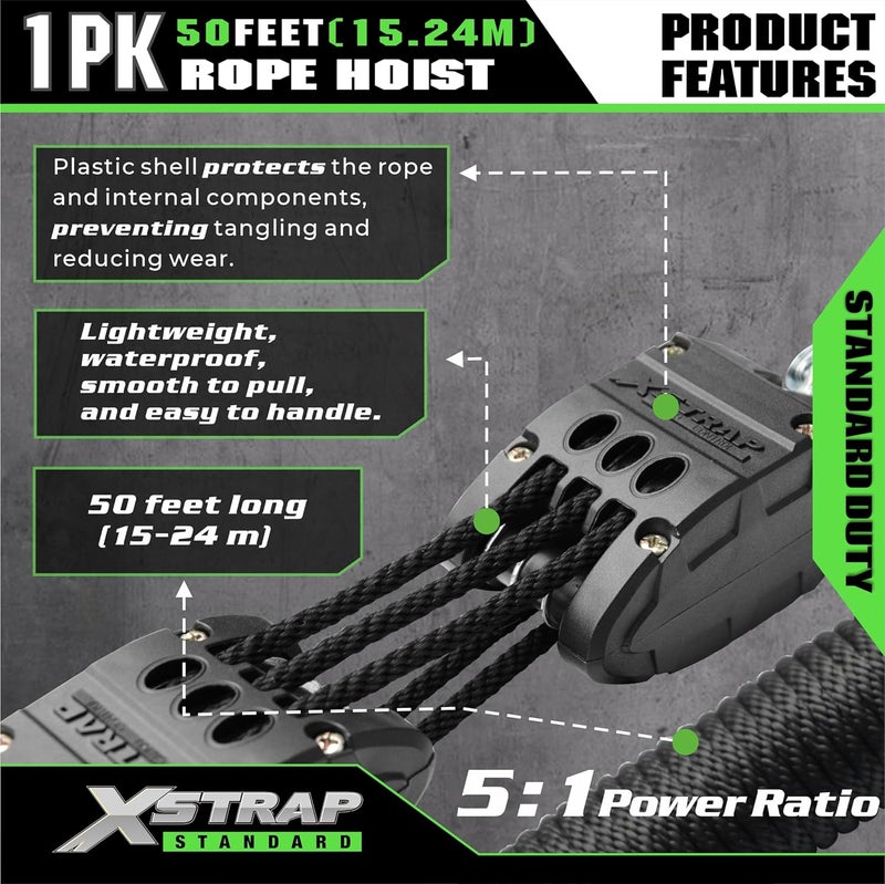XSTRAP STANDARD Heavy-Duty 2,000LB 50 Feet Rope Hoist Pulley System with 2PK 18 Inch Soft Loops - Image 5