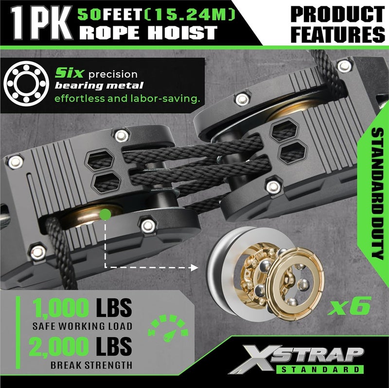 XSTRAP STANDARD Heavy-Duty 2,000LB 50 Feet Rope Hoist Pulley System with 2PK 18 Inch Soft Loops - Image 4