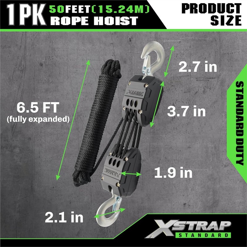 XSTRAP STANDARD Heavy-Duty 2,000LB 50 Feet Rope Hoist Pulley System with 2PK 18 Inch Soft Loops - Image 3