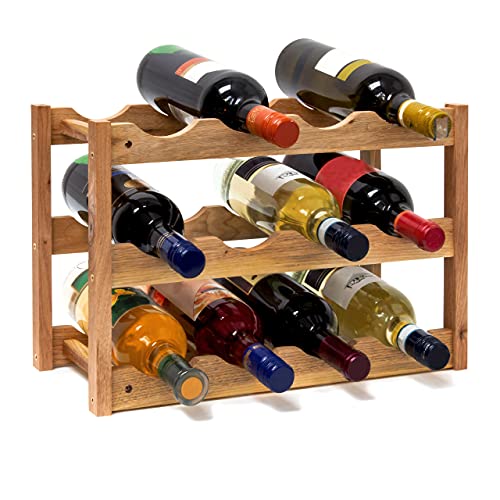 Relaxdays small bottle rack for 12 bottles of wine H x W x D 28 x 21 x 42 cm natural wood wine rack walnut with 3 levels