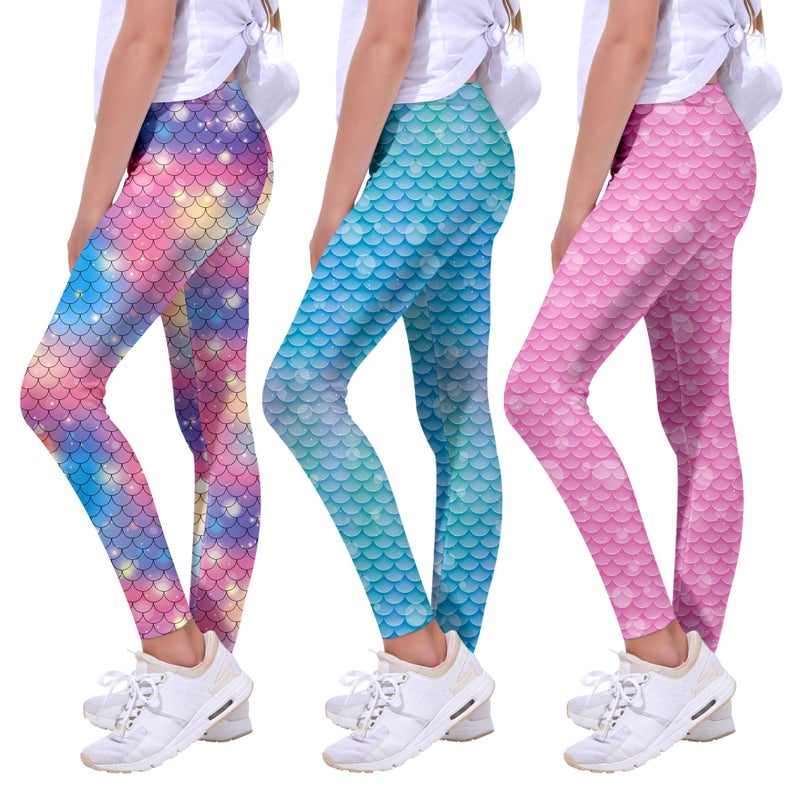 Quedoris Girls Printed Leggings Yoga Pants Multipack Leggings for Kids in 3t to 13 Years, Gradient Mermaid Mermaid Blue Mermaid Pink, 6-7 Years - Image 1