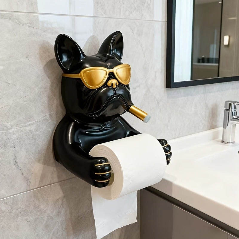 PETO 1pc French Bulldog Wall-Mounted Tissue Holder - Resin, No Metal Tube, Ideal for Bathroom Decor & Storage - Image 1