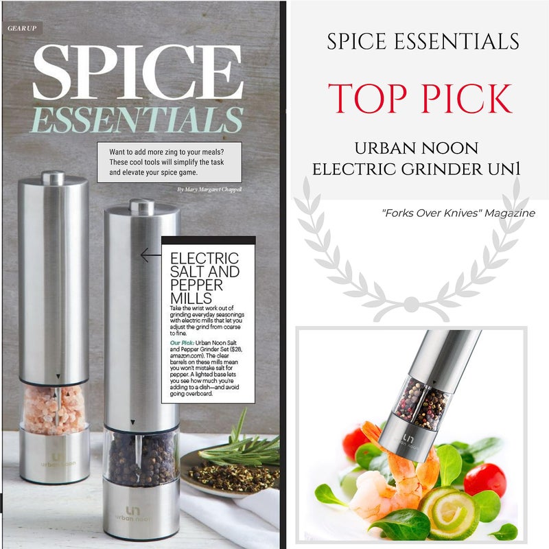 urban noon Electric Salt and Pepper Grinder Set - Stainless Steel Battery Operated Salt & Pepper Mills with Light (Pack of 2) - Automatic One Handed Operation Adjustable Ceramic Grinders - Image 3