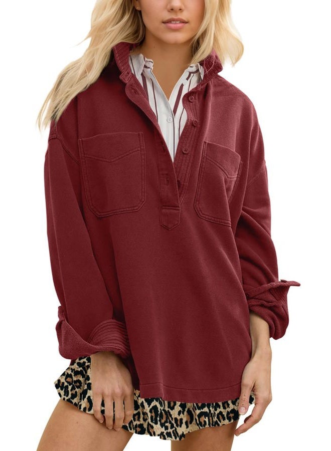 Locachy Women's Casual Oversized Polo Neck Sweatshirt Lapel Long Sleeve Button Pullover Tops Fashion Outfits Clothes, Burgundy, XXL - Image 1