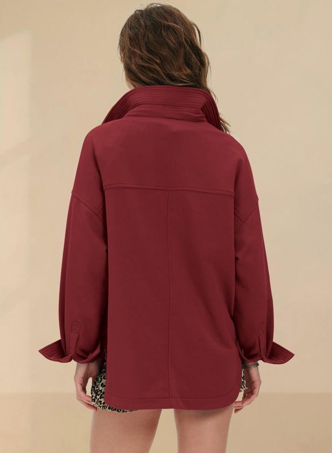 Locachy Women's Casual Oversized Polo Neck Sweatshirt Lapel Long Sleeve Button Pullover Tops Fashion Outfits Clothes, Burgundy, XXL - Image 3