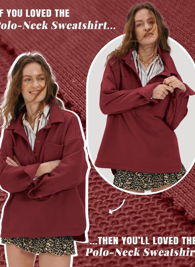 Locachy Women's Casual Oversized Polo Neck Sweatshirt Lapel Long Sleeve Button Pullover Tops Fashion Outfits Clothes, Burgundy, XXL - Image 5