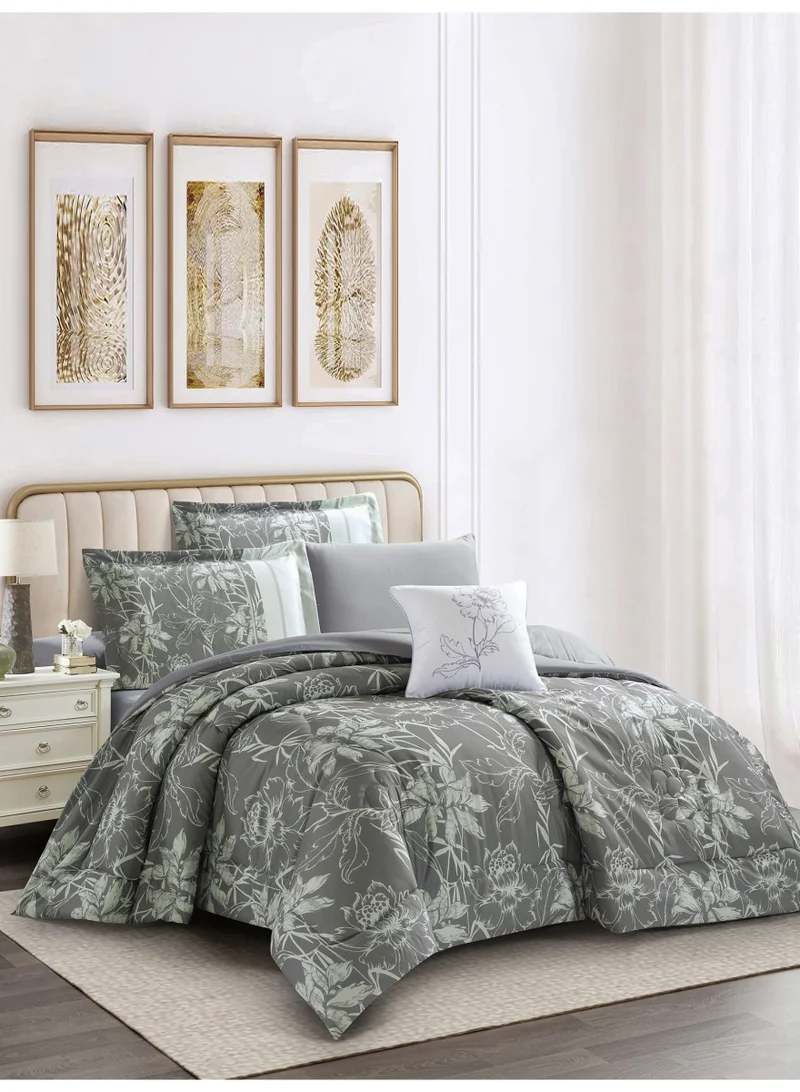 Donetella Bedding Comforter Set, King Size Fits 200x200 cm - 7-Pcs Digital Print Quilted Bed Set, Microfiber Fabric - 1 Comforter, 1 Fitted Sheet, 2 Pillow Shams, 2 Pillowcases 1 Cushion Cover.