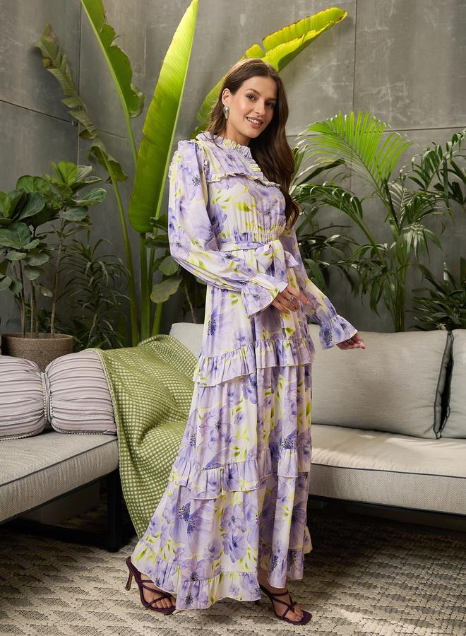 Sassafras Lilac Floral Print Ruffled Maxi Dress - Image 3
