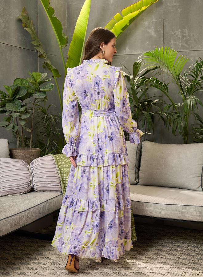 Sassafras Lilac Floral Print Ruffled Maxi Dress - Image 5
