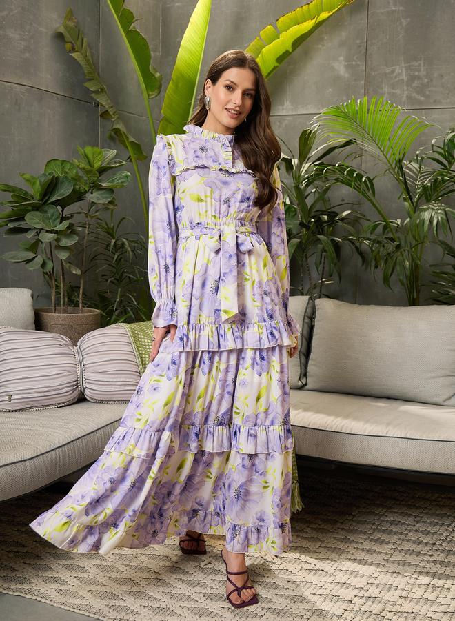 Sassafras Lilac Floral Print Ruffled Maxi Dress - Image 1