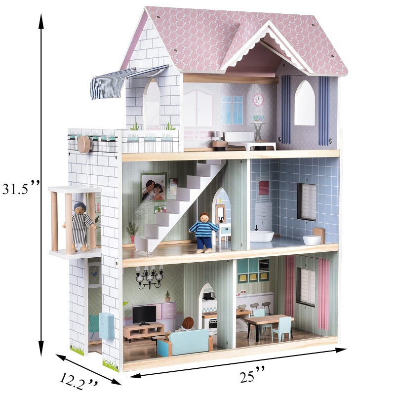 Giant bean Large Pink Wooden Dollhouse with Furniture for Girls with Doorbell, Light,Elevator, 6 Rooms 2.6ft High,15 Pcs Furniture & 3 Dolls, Kids Playhouse Toy for Girls 3-7+, 31.5" x 25" x 12.2" - Image 3