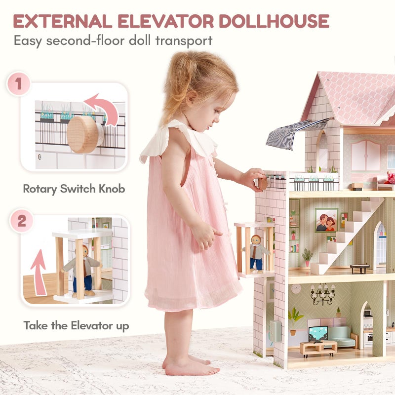 Giant bean Large Pink Wooden Dollhouse with Furniture for Girls with Doorbell, Light,Elevator, 6 Rooms 2.6ft High,15 Pcs Furniture & 3 Dolls, Kids Playhouse Toy for Girls 3-7+, 31.5" x 25" x 12.2" - Image 5