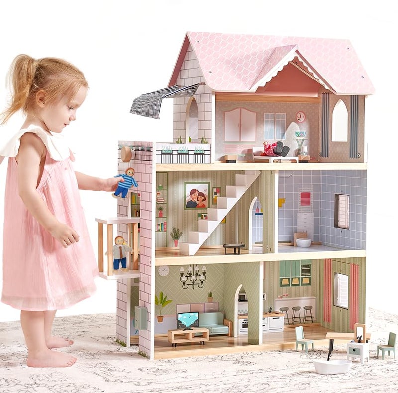Giant bean Large Pink Wooden Dollhouse with Furniture for Girls with Doorbell, Light,Elevator, 6 Rooms 2.6ft High,15 Pcs Furniture & 3 Dolls, Kids Playhouse Toy for Girls 3-7+, 31.5" x 25" x 12.2" - Image 1