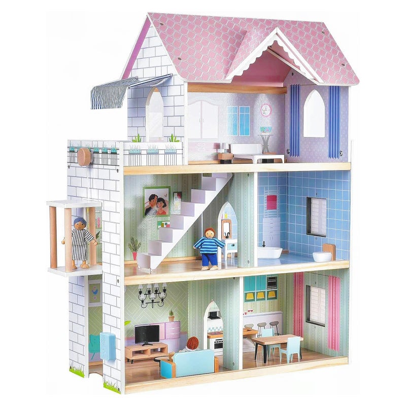Giant bean Large Pink Wooden Dollhouse with Furniture for Girls with Doorbell, Light,Elevator, 6 Rooms 2.6ft High,15 Pcs Furniture & 3 Dolls, Kids Playhouse Toy for Girls 3-7+, 31.5" x 25" x 12.2" - Image 4