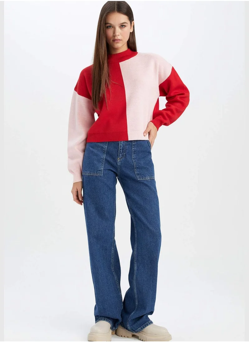 ديفاكتو Regular Fit Half Tutleneck Long Sleeve Colour Block Jumper