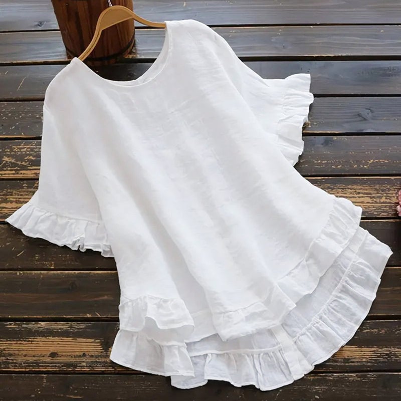 2024 Summer Cotton Linen Solid Loose Ruffle Sleeve Button-Up Womens Shirt Lotus Pink  - Image 5