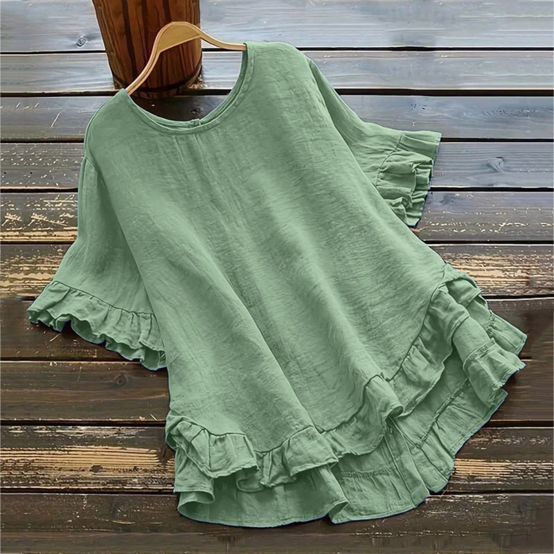 2024 Summer Cotton Linen Solid Loose Ruffle Sleeve Button-Up Womens Shirt Lotus Pink  - Image 1