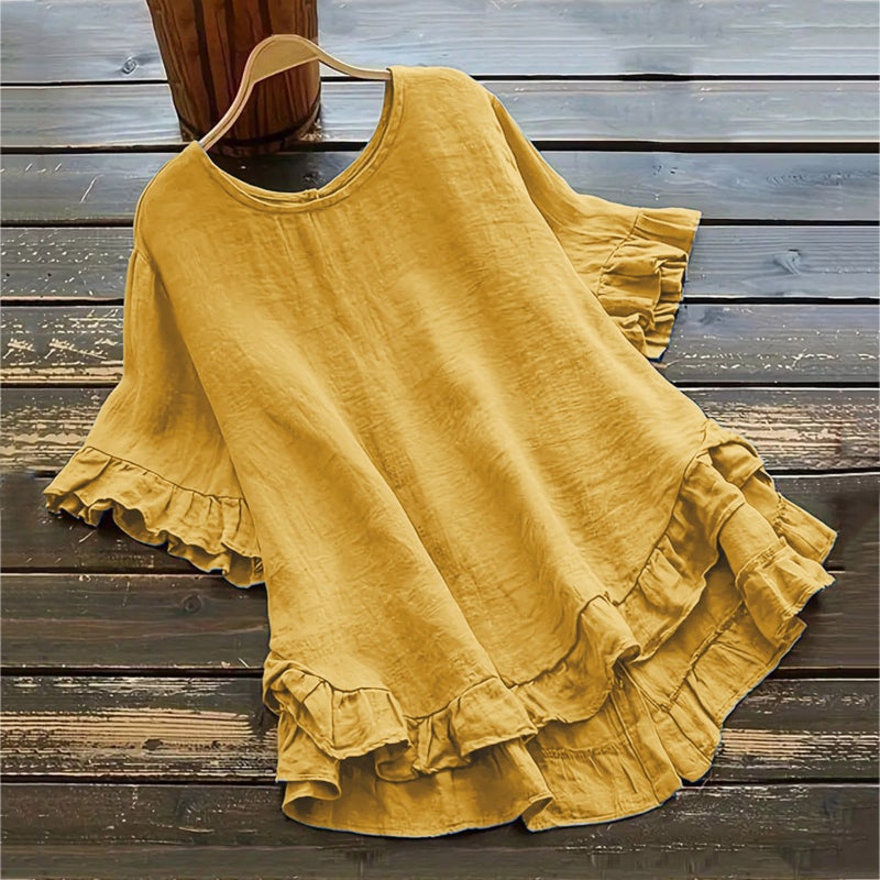 2024 Summer Cotton Linen Solid Loose Ruffle Sleeve Button-Up Womens Shirt Lotus Pink  - Image 3