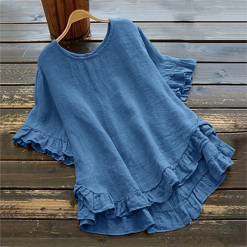 2024 Summer Cotton Linen Solid Loose Ruffle Sleeve Button-Up Womens Shirt Lotus Pink  - Image 2