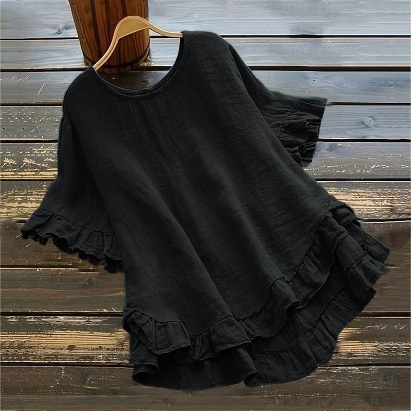 2024 Summer Cotton Linen Solid Loose Ruffle Sleeve Button-Up Womens Shirt Lotus Pink  - Image 4