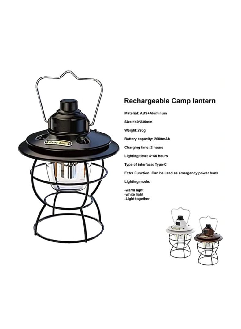 Rechargeable Retro Outdoor Hanging Metal Decorative Waterproof Tent Lamp Warm White 3 Modes Power Bank Vintage Camping Lantern  - Image 2