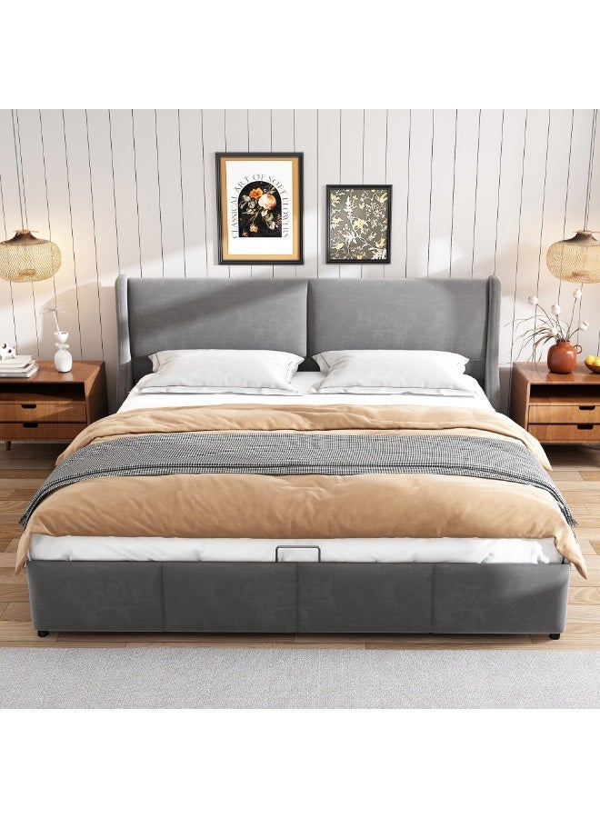 الزخارف للمفروشات سرير سوبي العصري المُنجّد – قماش مخمل ناعم مع مسند رأس مبطن بتصميم جانبي، سرير فاخر منخفض لغرفة النوم، تصميم عصري – رمادي (كوين 160×200 سم) - Image 1