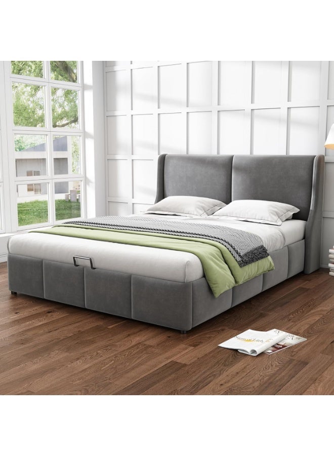 الزخارف للمفروشات سرير سوبي العصري المُنجّد – قماش مخمل ناعم مع مسند رأس مبطن بتصميم جانبي، سرير فاخر منخفض لغرفة النوم، تصميم عصري – رمادي (كوين 160×200 سم) - Image 3