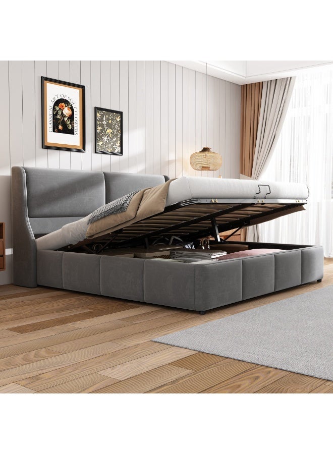 الزخارف للمفروشات سرير سوبي العصري المُنجّد – قماش مخمل ناعم مع مسند رأس مبطن بتصميم جانبي، سرير فاخر منخفض لغرفة النوم، تصميم عصري – رمادي (كوين 160×200 سم) - Image 2