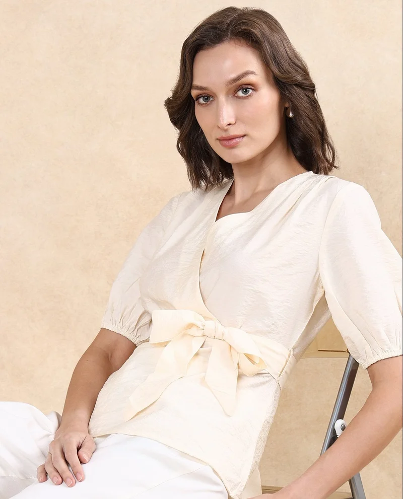 Rareism Women's Short Sleeve Wrap Top With Self-Fabric Belt