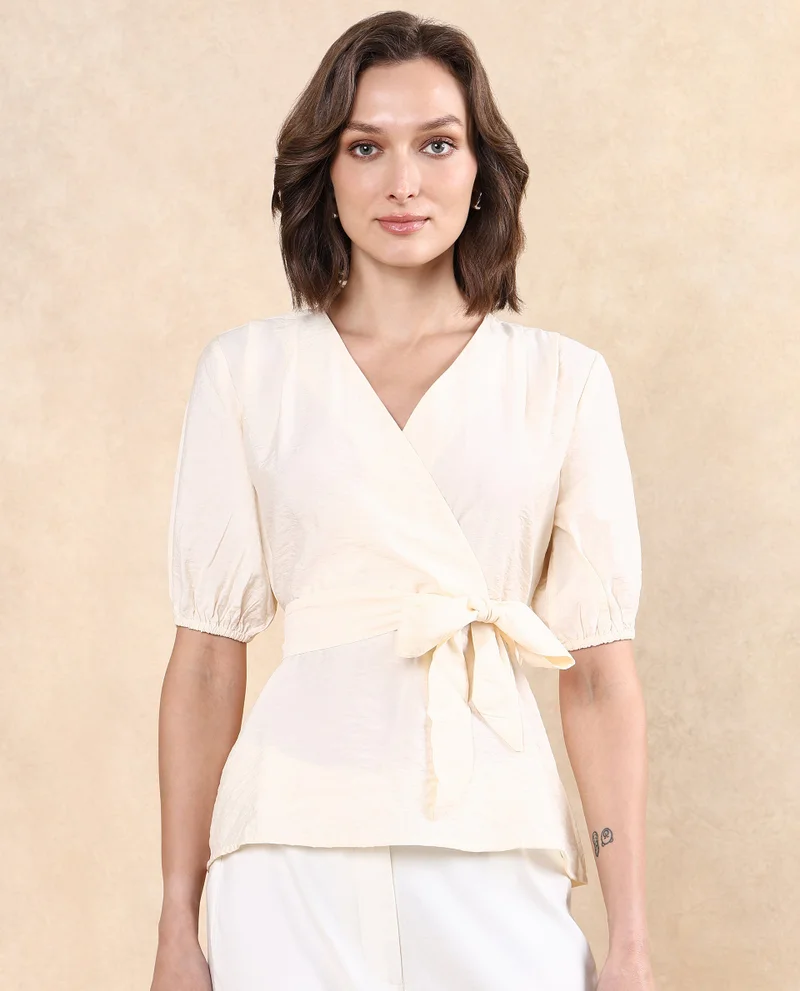 Rareism Women's Short Sleeve Wrap Top With Self-Fabric Belt