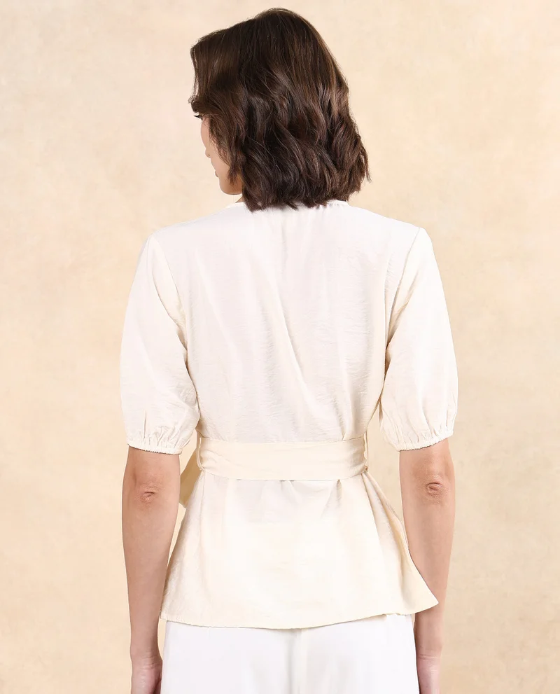 Rareism Women's Short Sleeve Wrap Top With Self-Fabric Belt