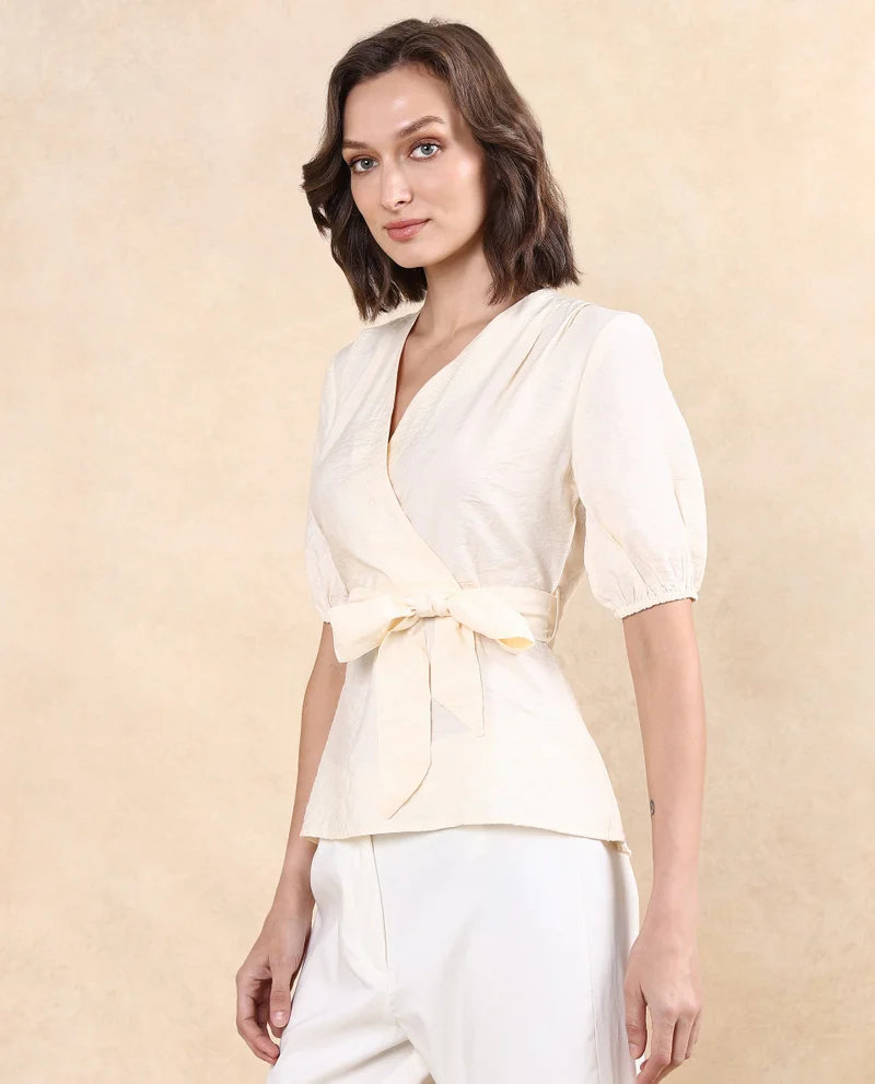 Rareism Women's Short Sleeve Wrap Top With Self-Fabric Belt