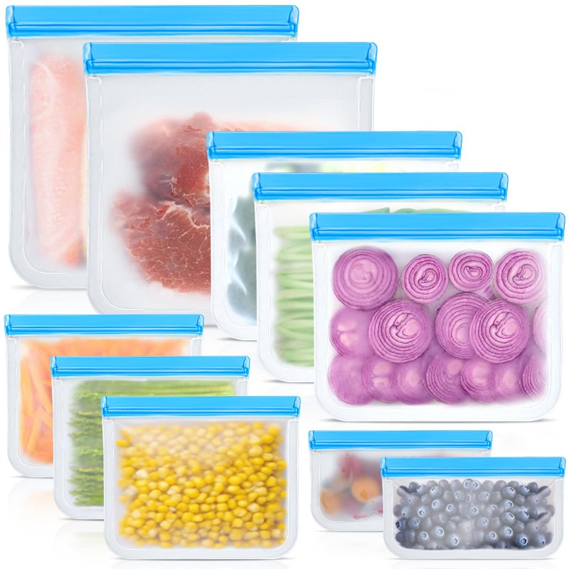 swihorab Reusable Silicone Food Storage Bags, 10 Pack 4 Size Leak proof Dishwasher Safe Reusable Freezer Bags for Food Storage Containers, Lunch Bag for Sandwich, Marinate Meat, Fruit - Image 1