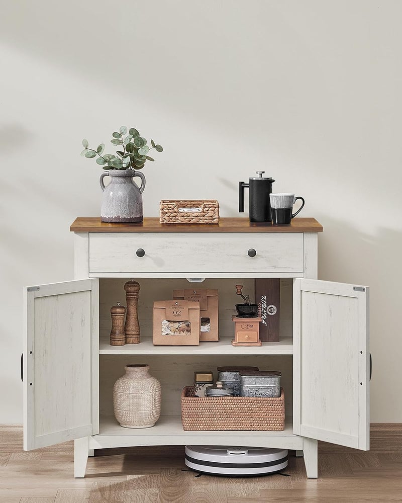 Sideboard, Storage Cabinet with Drawer, Kitchen Cabinet with Doors and Height Adjustable Shelf, Farmhouse Style, for Living Room, Dining Room, Rustic White and Honey Brown BBK341W01 - Image 5