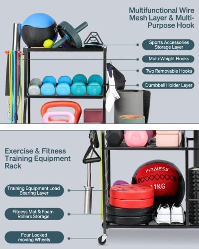 AHOWPD Weight Rack For Dumbbells Storage - Home Gym Storage Yoga Mat Storage Rack Workout Equipment Storage Rack for Kettlebells, Multifunction Exercise Equipment Gym Rack Organizer with Wheels and Hooks - Image 3