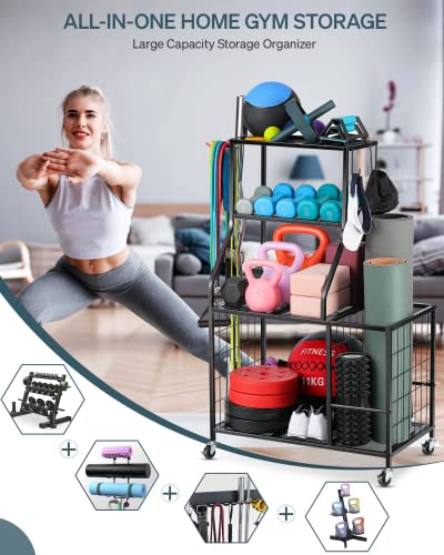 AHOWPD Weight Rack For Dumbbells Storage - Home Gym Storage Yoga Mat Storage Rack Workout Equipment Storage Rack for Kettlebells, Multifunction Exercise Equipment Gym Rack Organizer with Wheels and Hooks - Image 2