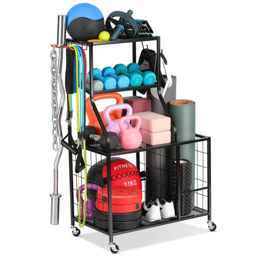 AHOWPD Weight Rack For Dumbbells Storage - Home Gym Storage Yoga Mat Storage Rack Workout Equipment Storage Rack for Kettlebells, Multifunction Exercise Equipment Gym Rack Organizer with Wheels and Hooks - Image 1