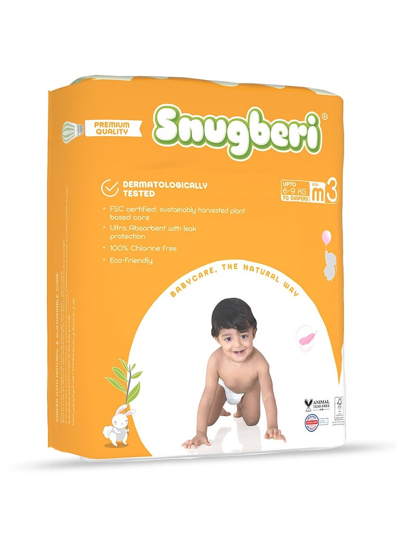 Snugberi Premium Eco-Friendly Chlorine Free Feather Soft Printed Diapers Made Of Natural Wood Pulp With Wetness Indicator Size 3 Medium 6-9 Kg - Mega Pack 70'S  - Image 2
