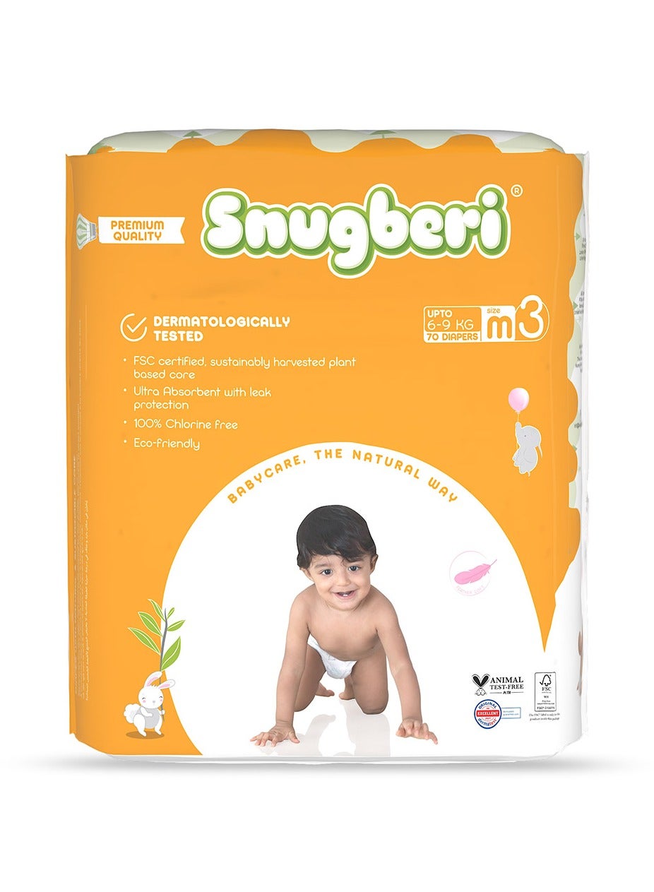 Snugberi Premium Eco-Friendly Chlorine Free Feather Soft Printed Diapers Made Of Natural Wood Pulp With Wetness Indicator Size 3 Medium 6-9 Kg - Mega Pack 70'S
